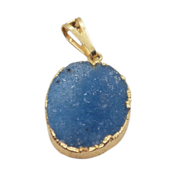 Blue Agate Druzy Slice Pendant Dipped in Real Gold Oval Natural Gemstone - Picture 1 of 9